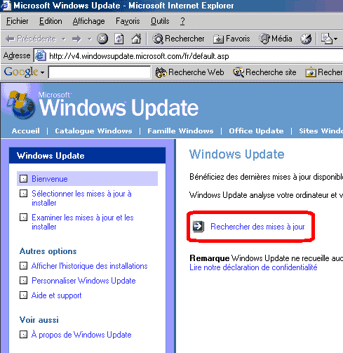 Page d'accueil de Windows Update