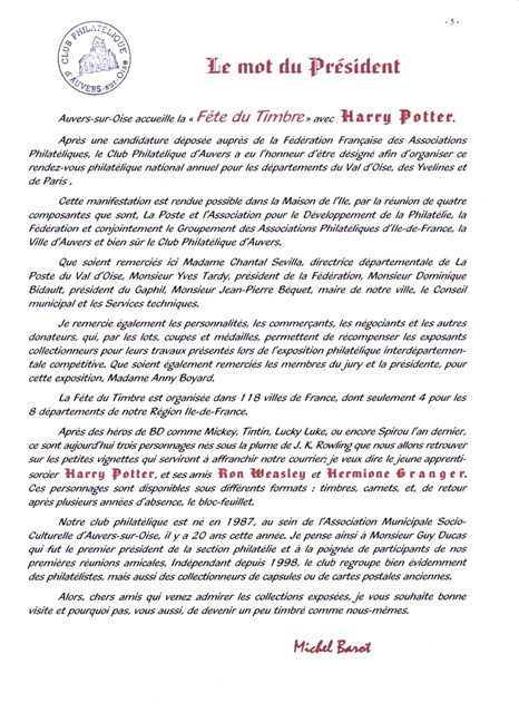 programme fete du timbre 2007 auvers sur oise : le mot du prsident