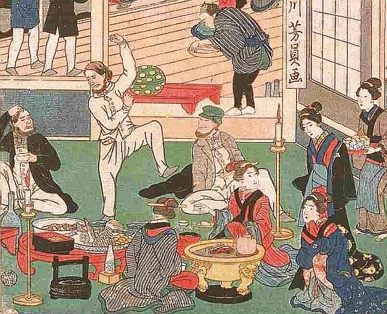 Gaijins éthyliques, maison "de thé" à Yokohama. Issen Yoshikazu, 1868