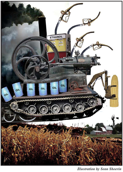 Ilustration de Sean Sheerin montrant les contradictions entre les moyens nécessaires à la production du carburant bio et la finalité avancée par ses promoteurs.