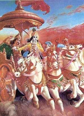 Krishna aux rennes, menant Arjuna  la bataille