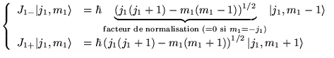 $ \left\{ \begin{array}{ll}
J_{1-}\vert j_{1},m_{1}\rangle & =\hbar \underbrace{...
...+1)-m_{1}(m_{1}+1)\right) ^{1/2}\vert j_{1},m_{1}+1\rangle
\end{array}\right. $